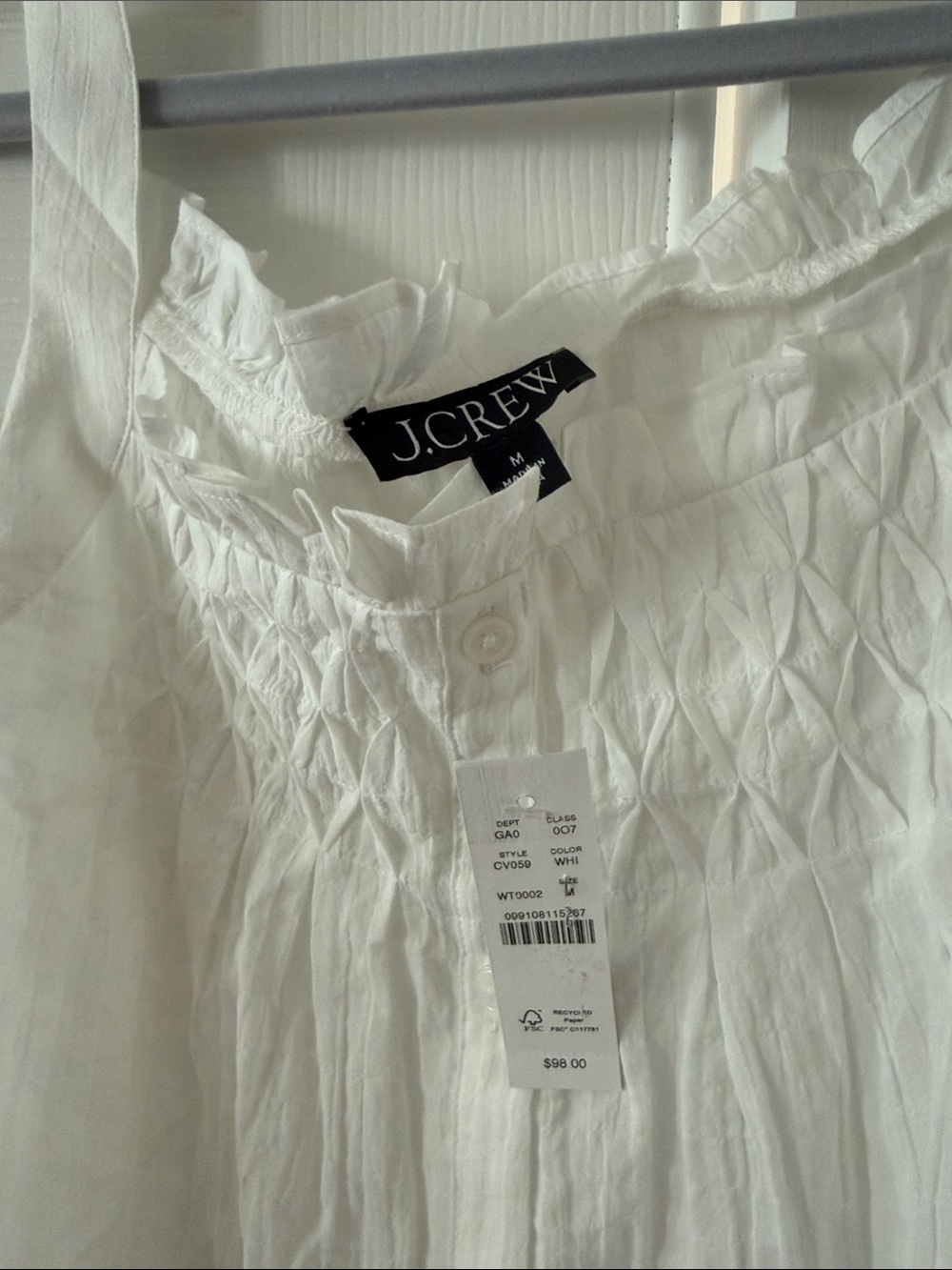 NWT J. Crew White Smocked Button-Front Tank Camisole - Picture 2 of 4